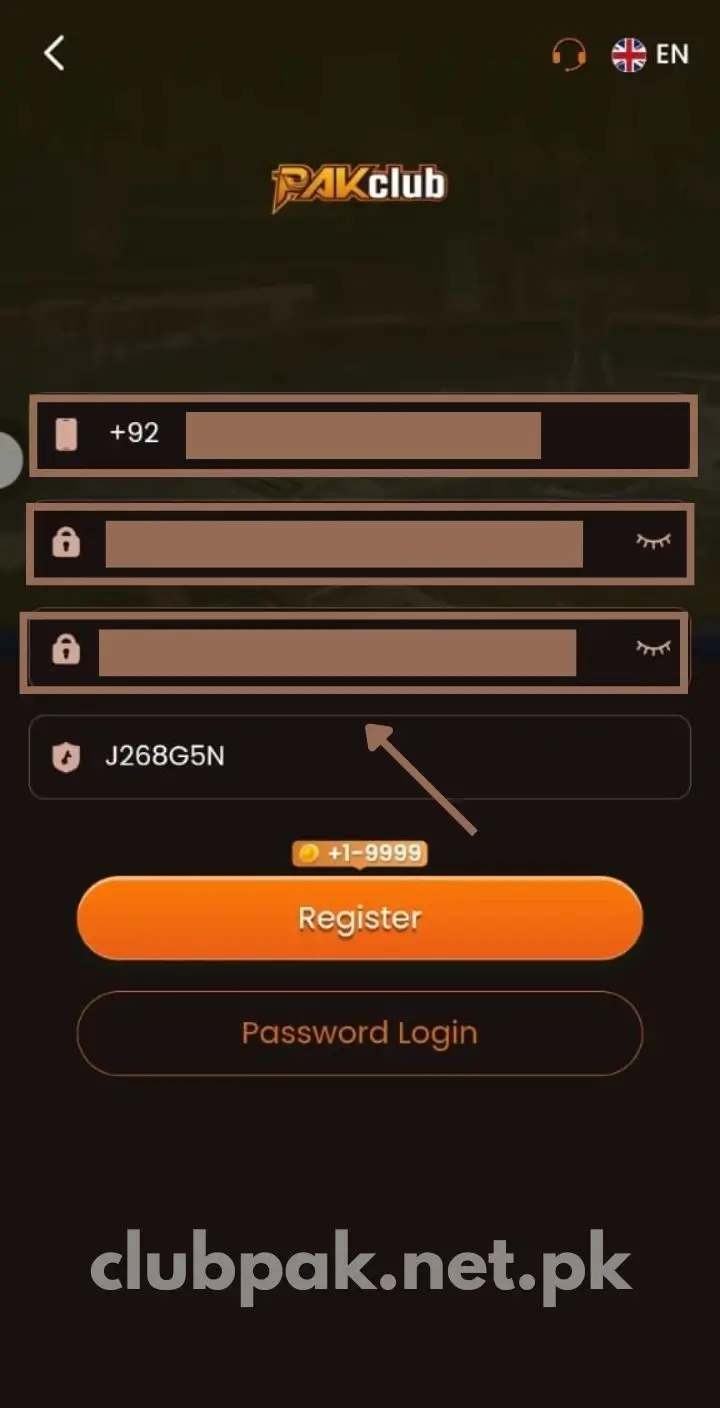 Enter Password for Register – Pak Club Game screenshot