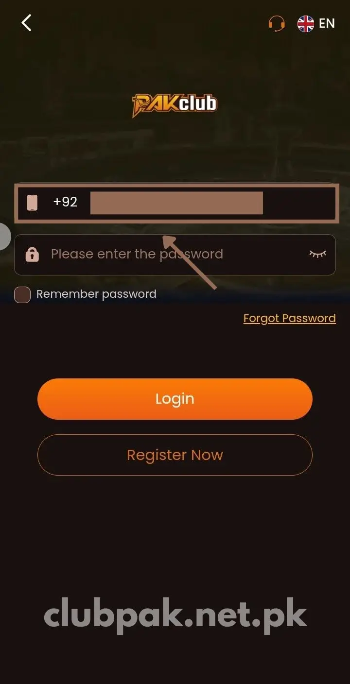 Enter Phone Number for Login – Pak Club Game screenshot