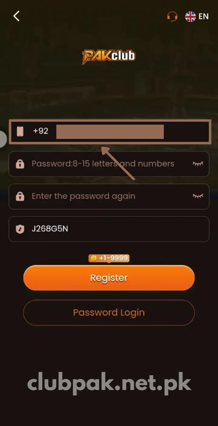 Enter Phone Number for Register – Pak Club Game screenshot